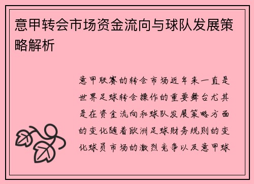 意甲转会市场资金流向与球队发展策略解析 意甲转会市场资金流向与球队发展策略解析